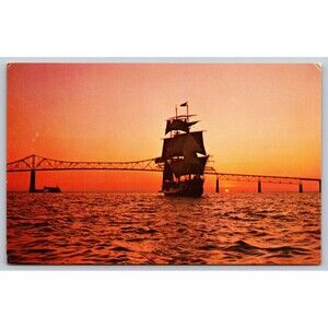 Postcard Florida St. Petersburg The Bounty Under Sail at Twilight Vintage c1960s